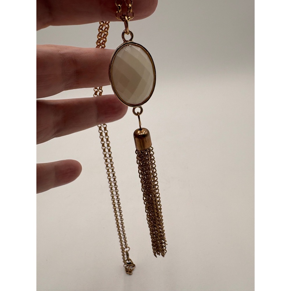 Gold Tone Long Chain Necklace White Faceted Stone Pendant Multi Strand Tassel - Picture 3 of 9